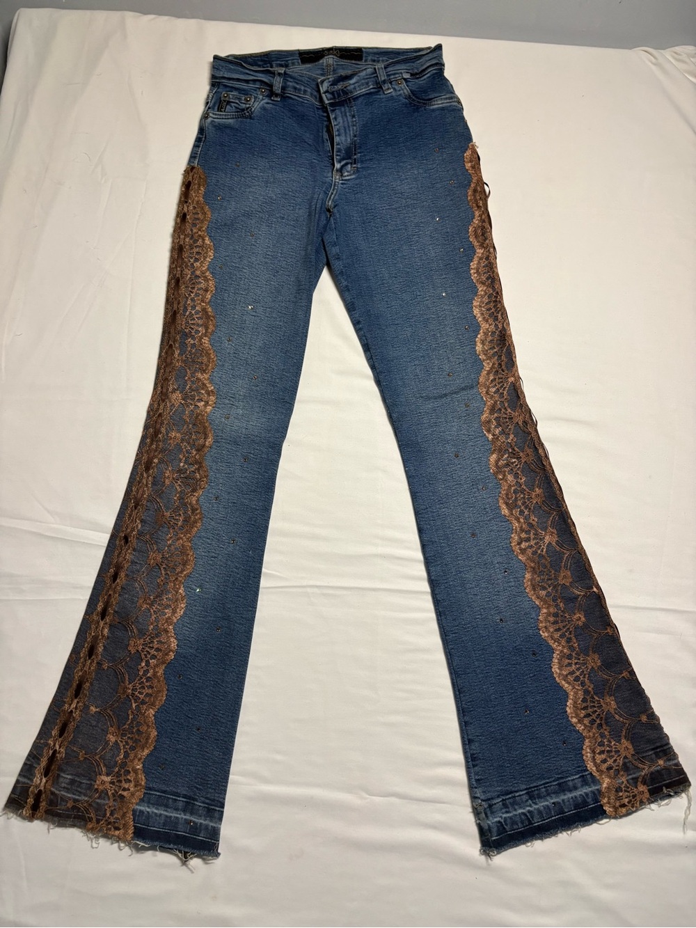 Women's Blue Denim Flare Jeans with Brown Lace Side Panels